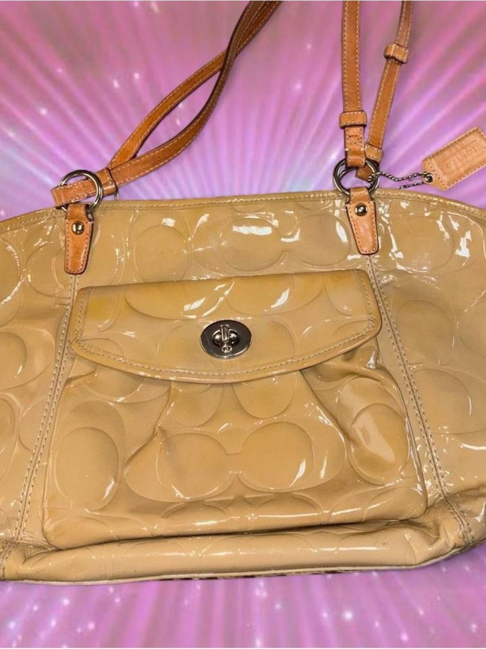 Coach Patent Leather Shoulder Bag in Beige with Tan Straps
